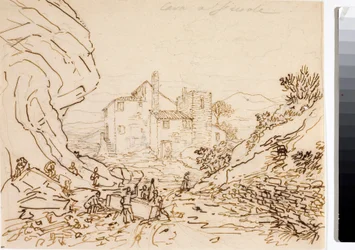 Trabajadores en una cantera en Fiesole, cerca de Florencia (dibujo a tinta, circa 1823)