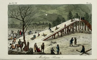 Una montaña rusa. Ilustración de Il costume antico e moderno o storia del governo por Giulio Ferrario, 1831