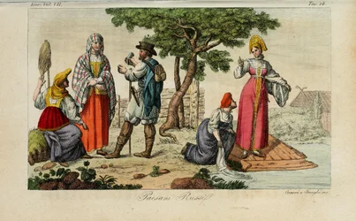 Campesinos rusos. Ilustración de Il costume antico e moderno o storia del governo… por Giulio Ferrario, 1831