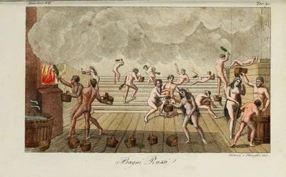 Baño ruso. Ilustración de Il costume antico e moderno o storia del governo… de Giulio Ferrario, 1831