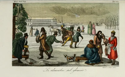 Pista de Patinaje. Ilustración de Il costume antico e moderno o storia del governo por Giulio Ferrario, 1831
