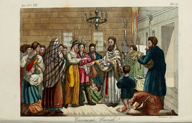El compromiso. Ilustración de Il costume antico e moderno o storia del governo… por Giulio Ferrario, 1831