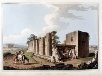 Templo antiguo en Agrigento en Italia. En “Vistas en los dominios otomanos, en Europa, en Asia, y algunas de las islas del Mediterráneo” de los dibujos originales tomados por Luigi Mayer, Londres