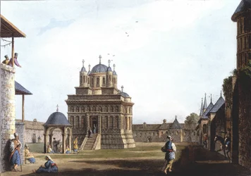 Iglesia y Convento de Santa María, Turquía. En “Vistas en los dominios otomanos, en Europa, en Asia, y algunas de las islas del Mediterráneo” de los dibujos originales tomados por Luigi Mayer, Londres