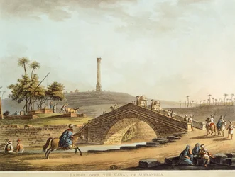 Egipto, Puente sobre el Canal de Alejandría, por Luigi Mayer, grabado