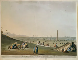 Egipto, nómadas y el obelisco en Materieh (Heliópolis Antigua, o la Ciudad del Sol) por Luigi Mayer, grabado