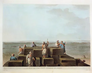 Egipto, Cima de la primera pirámide de Giza, grabado de "Vistas" de Luigi Mayer