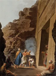 Entrada a la cámara funeraria en la Esfinge de Giza, grabado por Luigi Mayer, de Vistas en Egipto, Palestina y otras partes del Imperio Otomano