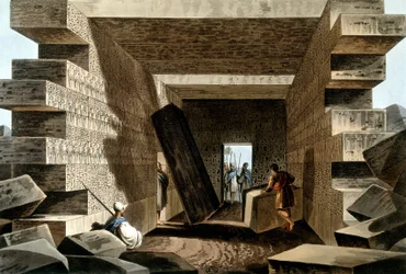 Interior del templo de Júpiter Amón, Libia. En “Vistas en los dominios otomanos, en Europa, en Asia, y algunas de las islas del Mediterráneo de los dibujos originales tomados por Luigi Mayer”, Londres 1810