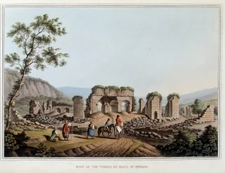 Ruinas del templo de Diana (Artemisa) en Éfeso, antigua ciudad de Grecia, hoy en Turquía. en “Vistas en los dominios otomanos, en Europa, en Asia, y algunas de las islas del Mediterráneo” de los dibujos originales tomados por Luigi Mayer, Londres