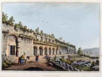 Estadio en ruinas en Éfeso, antigua ciudad de Grecia, hoy en Turquía. en “Vistas en los Dominios Otomanos, en Europa, en Asia, y algunas de las islas del Mediterráneo de los dibujos originales tomados por Luigi Mayer, Londres