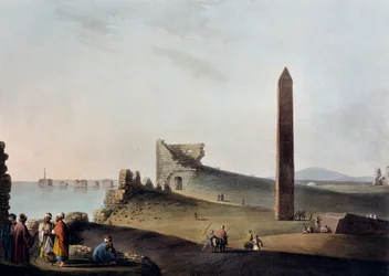 Los obeliscos de Alejandría conocidos como las Agujas de Cleopatra, grabado, de Vistas en Egipto, Palestina y otras partes del Imperio Otomano
