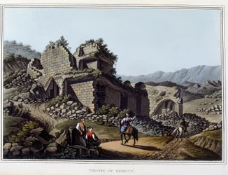 Teatro en ruinas en Éfeso, antigua ciudad de Grecia, hoy en Turquía. En "Views in the Ottoman Dominions, in Europe, in Asia, and some of the Mediterranean islands" de los dibujos originales de Luigi Mayer, Londres
