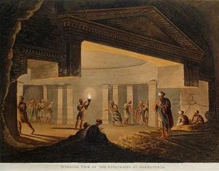 Vista de las catacumbas en Alejandría (Egipto) de Vistas en Egipto por Luigi Mayer, grabado