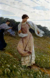 "Brisa Dos mujeres en un campo juegan y disfrutan de su calor, que sopla con el viento. Pintura de Luigi Rossi (1853-1923), hacia 1910-1912. Óleo sobre lienzo. Colección privada.