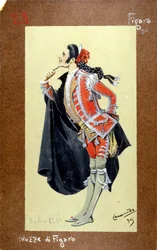 Representación del personaje de Fígaro, “Las bodas de Fígaro” (Nozze di Figaro) de Wolfgang Amadeus Mozart de 1786. Vestuario de Luigi Sapelli Caramba (1865-1936)