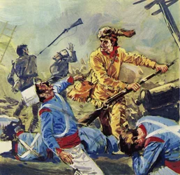 Davy Crockett acabó cayendo ante los incesantes ataques mexicanos (litografía en color)