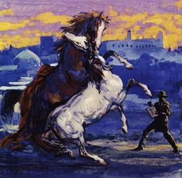 Delacroix vio luchar a dos sementales salvajes y, sin importarle el riesgo, esbozó la escena (litografía en color)