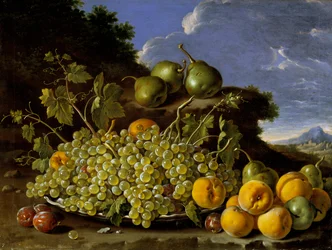 Bodegón con un plato de uvas, melocotones, peras y ciruelas en un paisaje, hacia 1771