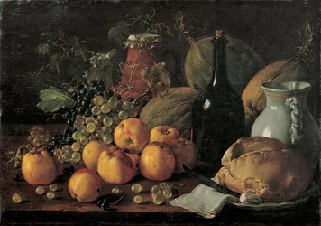 Bodegón con manzanas, uvas, melones, pan, jarra y botella