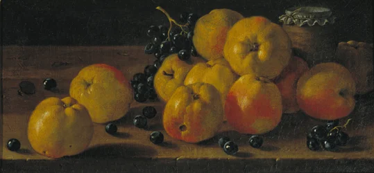 Bodegón con manzanas, uvas y un tarro de mermelada