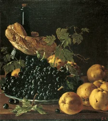 Bodegón con pan, manzanas, uvas y una botella