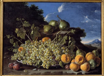Uvas, peras, melocotones y ciruelas. Pintura de Luis Meléndez