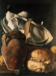 Bodegón de paño de cocina, jarra y pan