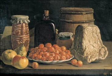 Bodegón con fruta y queso