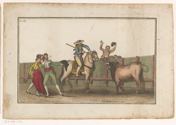 Picador apunta su lanza a un toro Colección de las principales suertes de una corrida de toros (título de la serie) Colección de las maniobras taurinas más importantes (título de la serie)