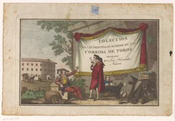 Lámina de título con toreros y piel de toro Colección de las principales suertes de una corrida de toros (título de serie sobre objeto) Colección de las maniobras taurinas más importantes (título de la serie)