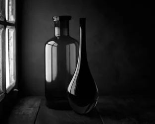 Elegantes botellas a la luz de la ventana