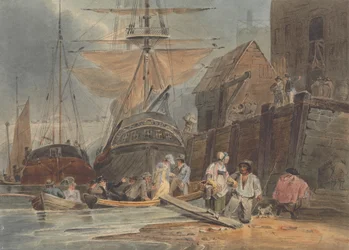 Barcos en el muelle con pasajeros desembarcando