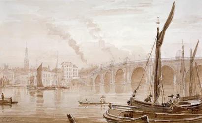 Vista del Puente Blackfriars desde la orilla de Surrey, con barcos en primer plano, Londres, c. 1825