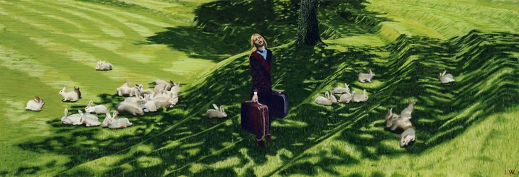 Arriba y abajo por el espinazo de Dreamland con flamencos rojos y vino caro, c.2011 (pintura acrílica sobre papel)