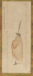 Hombre de pie con abrigo rojo, dinastía Qing, siglo XVIII
