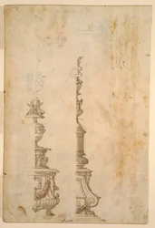 Dos diseños para bases de cruz de altar; verso, diseños para cinco proyectos