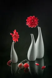 Dalias rojas y jarrones