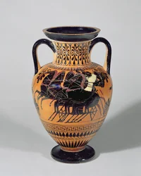Ánfora de figuras negras áticas que representa un carro con ruedas, 520-500 a.C.