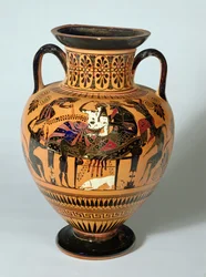 Ánfora de figuras negras que representa a Dionisio y Ariadna en un banquete, griega, 530-520 a.C.