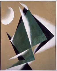 Construcción con media luna blanca. Obra de Lyubov (Lioubov) Sergeyevna Popova (1889-1924), gouache sobre cartón