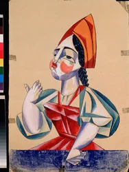 Traje preparatorio para un personaje femenino en la obra "Du pope et de son valet Balda", de Alexander Pushkin (1799-1837). Obra de Lyubov (Lioubov) Sergeyevna Popova (1889-1924), gouache y tinta sobre papel
