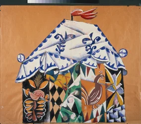Boceto del telón de la obra ""Del papa y su ayuda de cámara Balda"", de Alexander Pushkin (1799-1837). Obra de Lyubov (Lioubov) Sergeyevna Popova (1889-1924), collage, gouache y bronce sobre papel