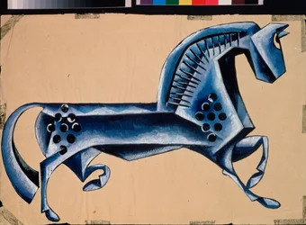 El caballo azul. Boceto para la obra ""Du pope et de son valet Balda"", de Alexander Pushkin (1799-1837). Obra de Lyubov (Lioubov) Sergeyevna Popova (1889-1924), gouache y tinta sobre papel