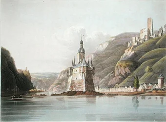 Castillo de Pfalz y la ciudad de Laub, ilustración de 