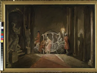 ""Une invitee"" (Un invitado) Una mujer joven, que recuerda a Cenicienta, desciende misteriosamente de un carruaje en medio de la noche. Pintura de Max Friedrich Hofmann (1873-1937) 1926 Dim. 116x161 cm Mikalojus Konstantinas Ciurlionis Museo de Bellas Art