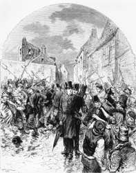 Disturbios en Irlanda - Un sacerdote católico arrestado por la policía en Mullingar es salvado por la gente, de Le Monde Illustré, 25 de junio de 1881