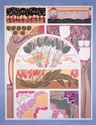 ilustración de "Modern Designs for Ceilings and Walls" (Diseños modernos para techos y paredes) de M. J. Gradl, publicado a principios del siglo XX (litografía en color)