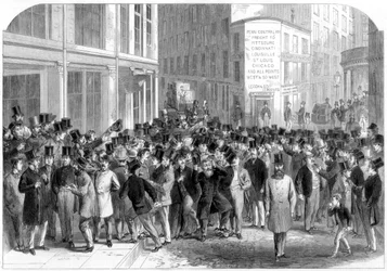 Corredores de bolsa en la acera en Nueva York, 1864