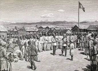 Sir Henry Morton Stanley dirigiéndose a los oficiales rebeldes en Kavalli, 1890